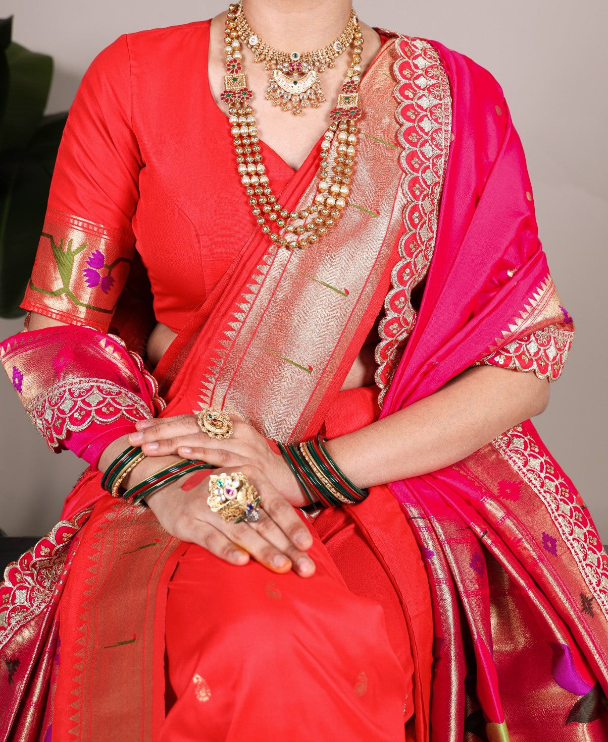 Red & Magenta Jacquard Silk Paithani Zari Weaving Saree Blouse Dupatta