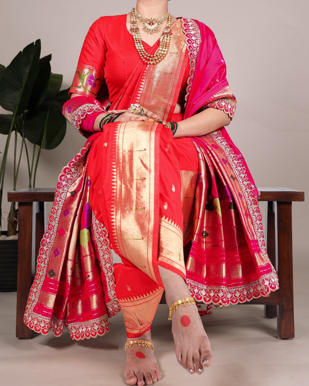 Red & Magenta Jacquard Silk Paithani Zari Weaving Saree Blouse Dupatta