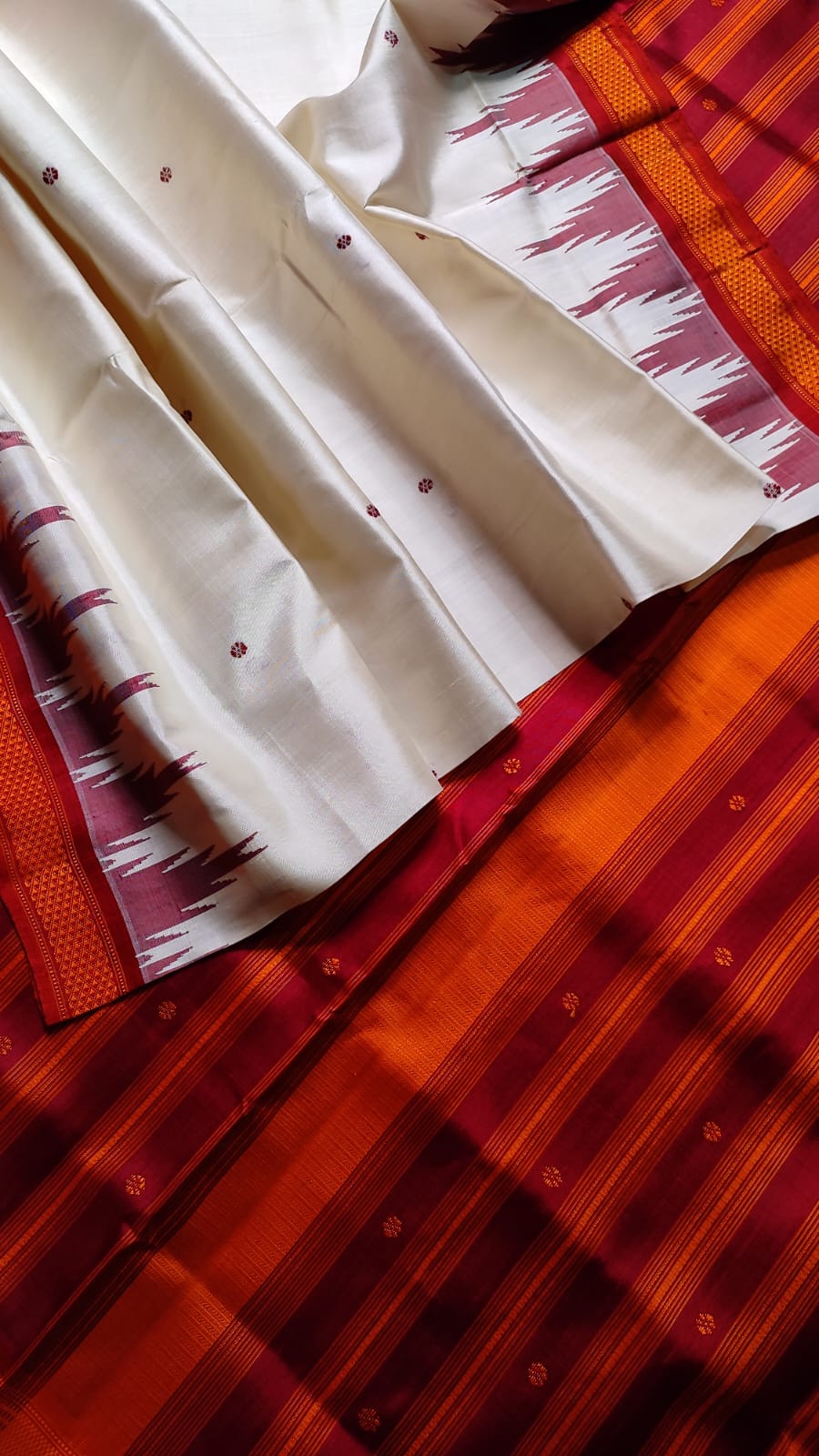 Ivory & Deep Orange Berhampuri Double Pallu Silk Saree