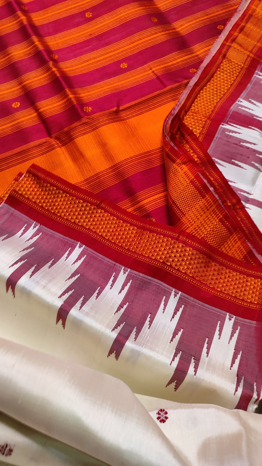 Ivory & Deep Orange Berhampuri Double Pallu Silk Saree