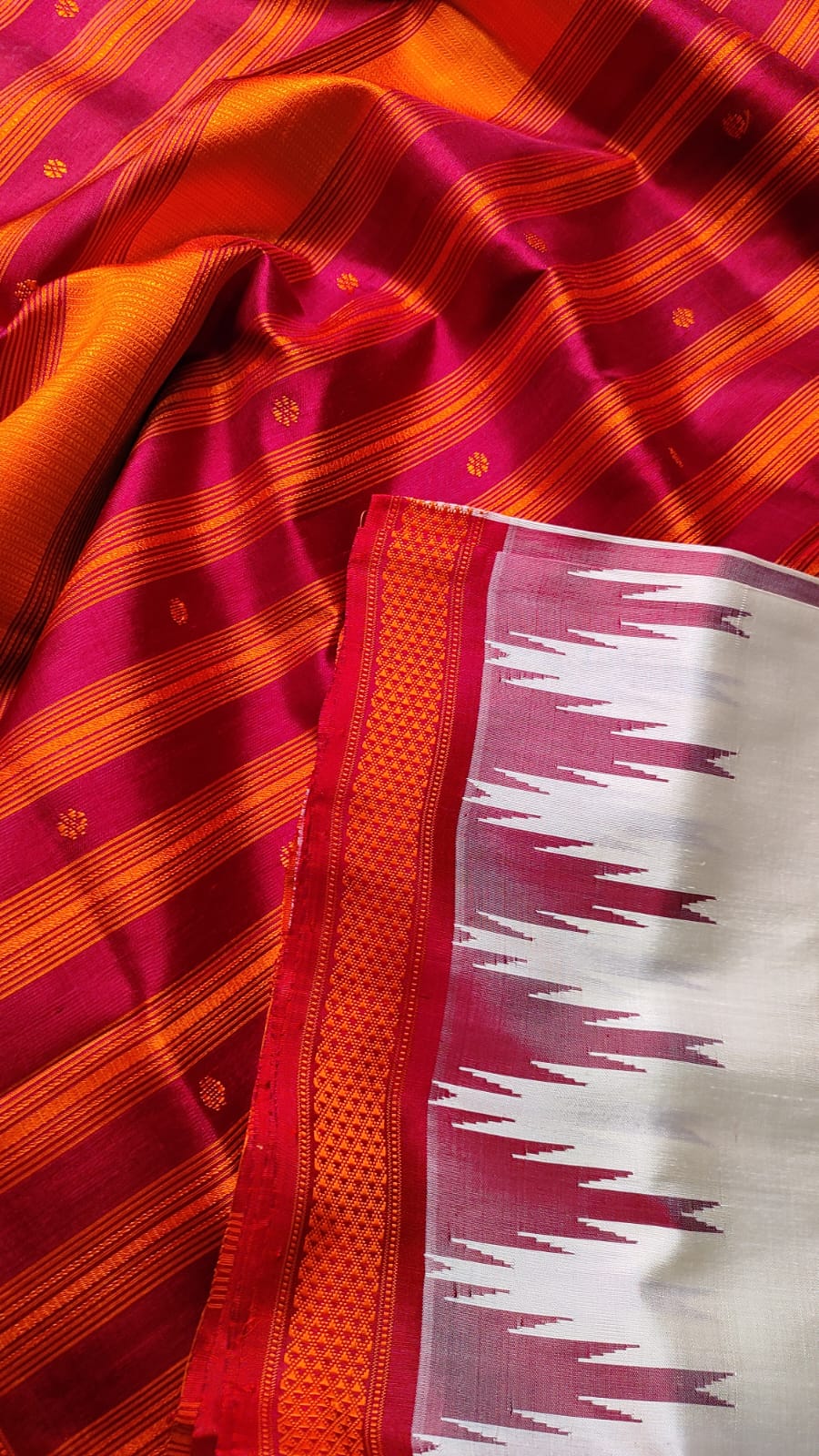 Ivory & Deep Orange Berhampuri Double Pallu Silk Saree