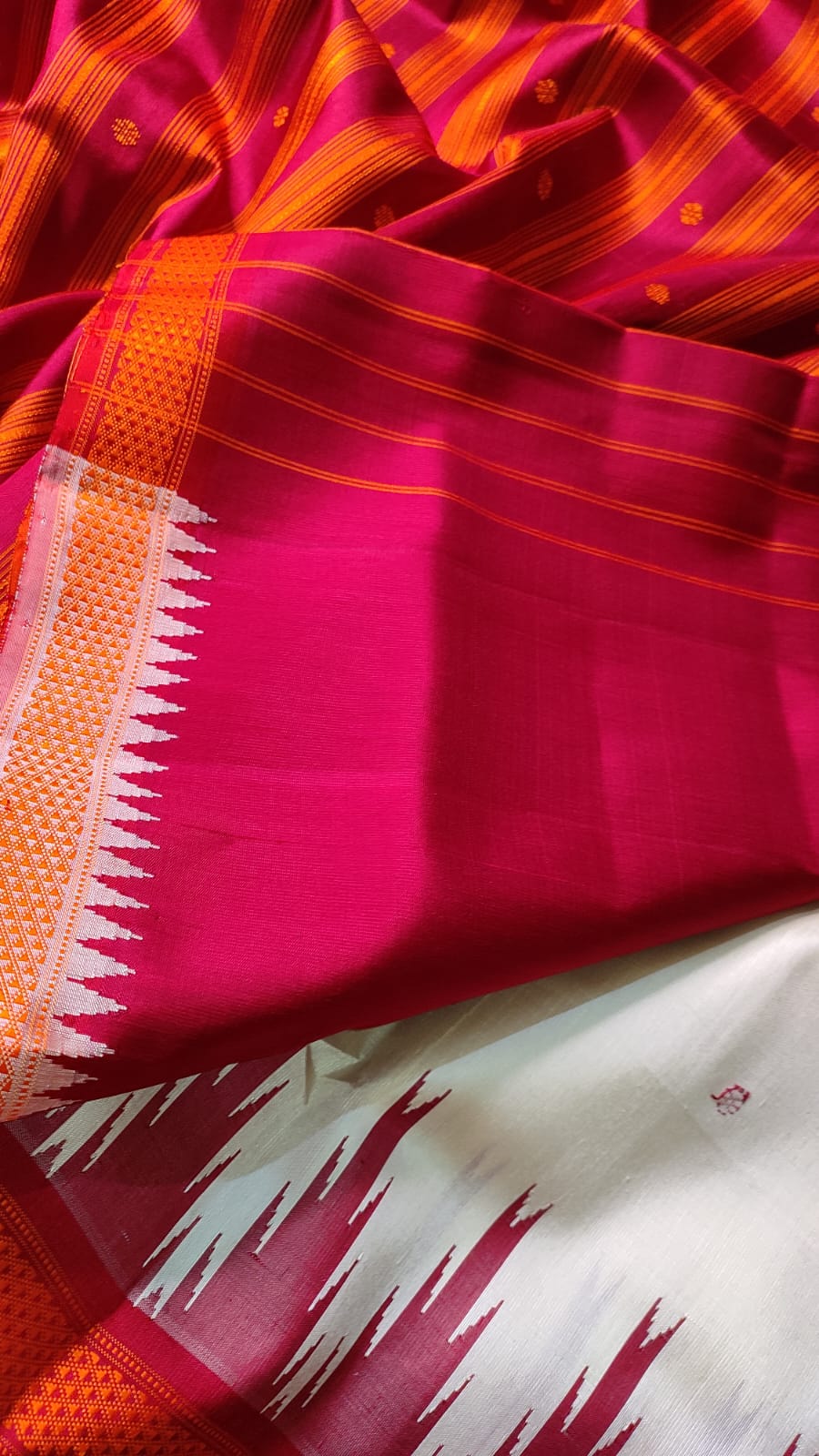 Ivory & Deep Orange Berhampuri Double Pallu Silk Saree
