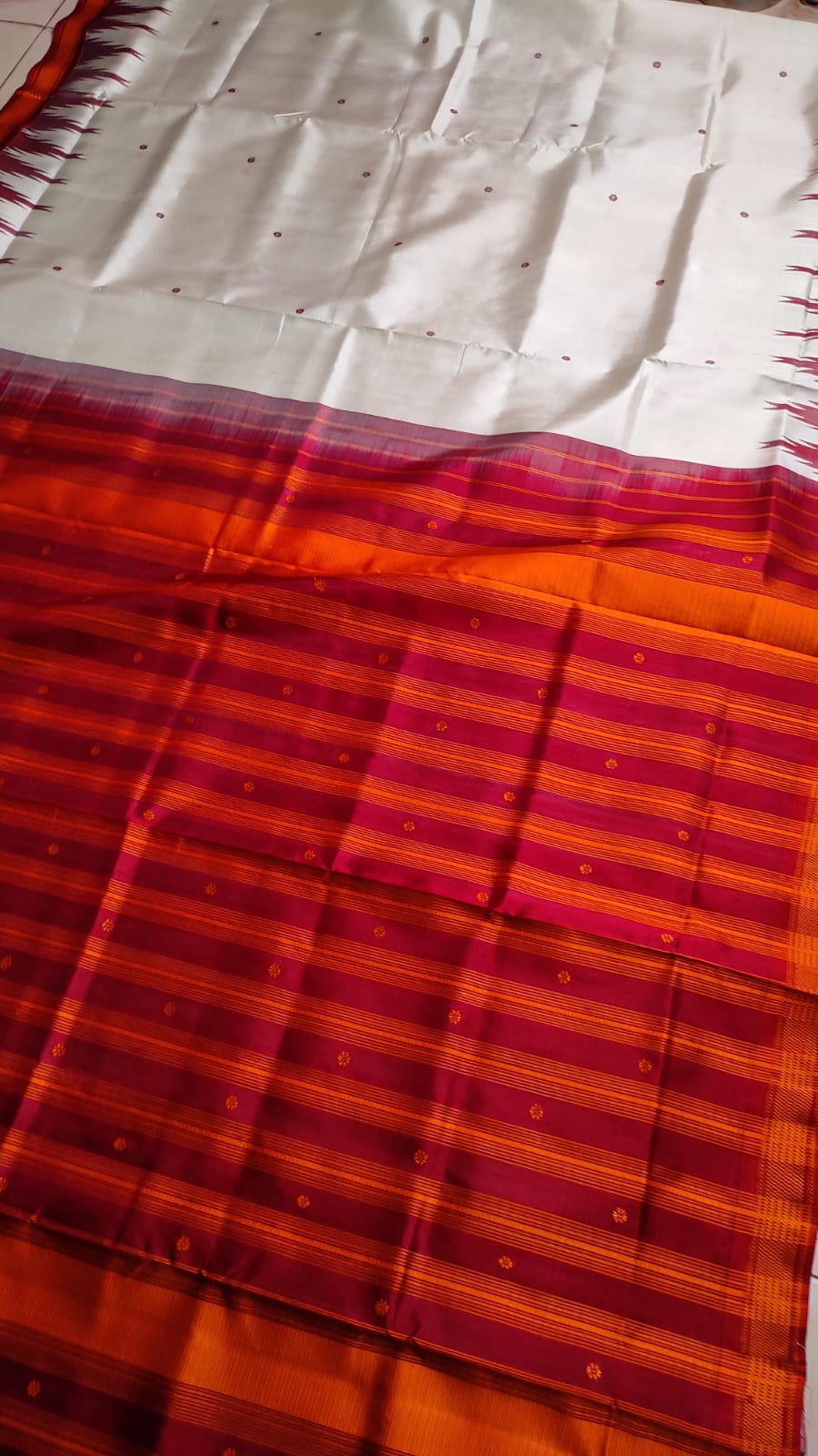 Ivory & Deep Orange Berhampuri Double Pallu Silk Saree
