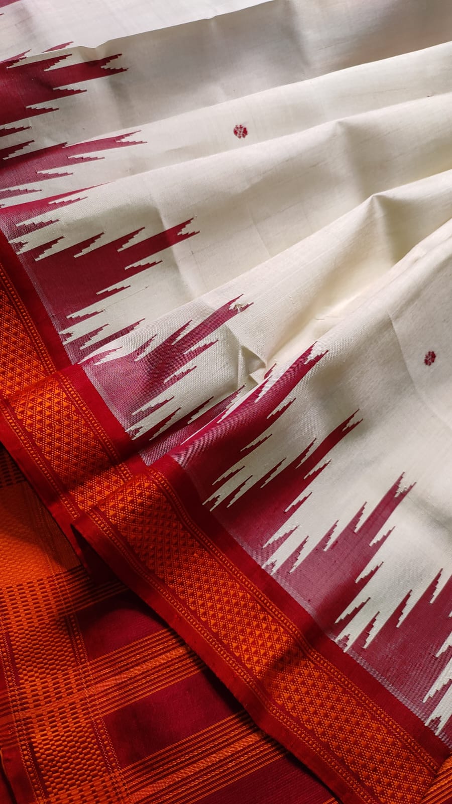 Ivory & Deep Orange Berhampuri Double Pallu Silk Saree