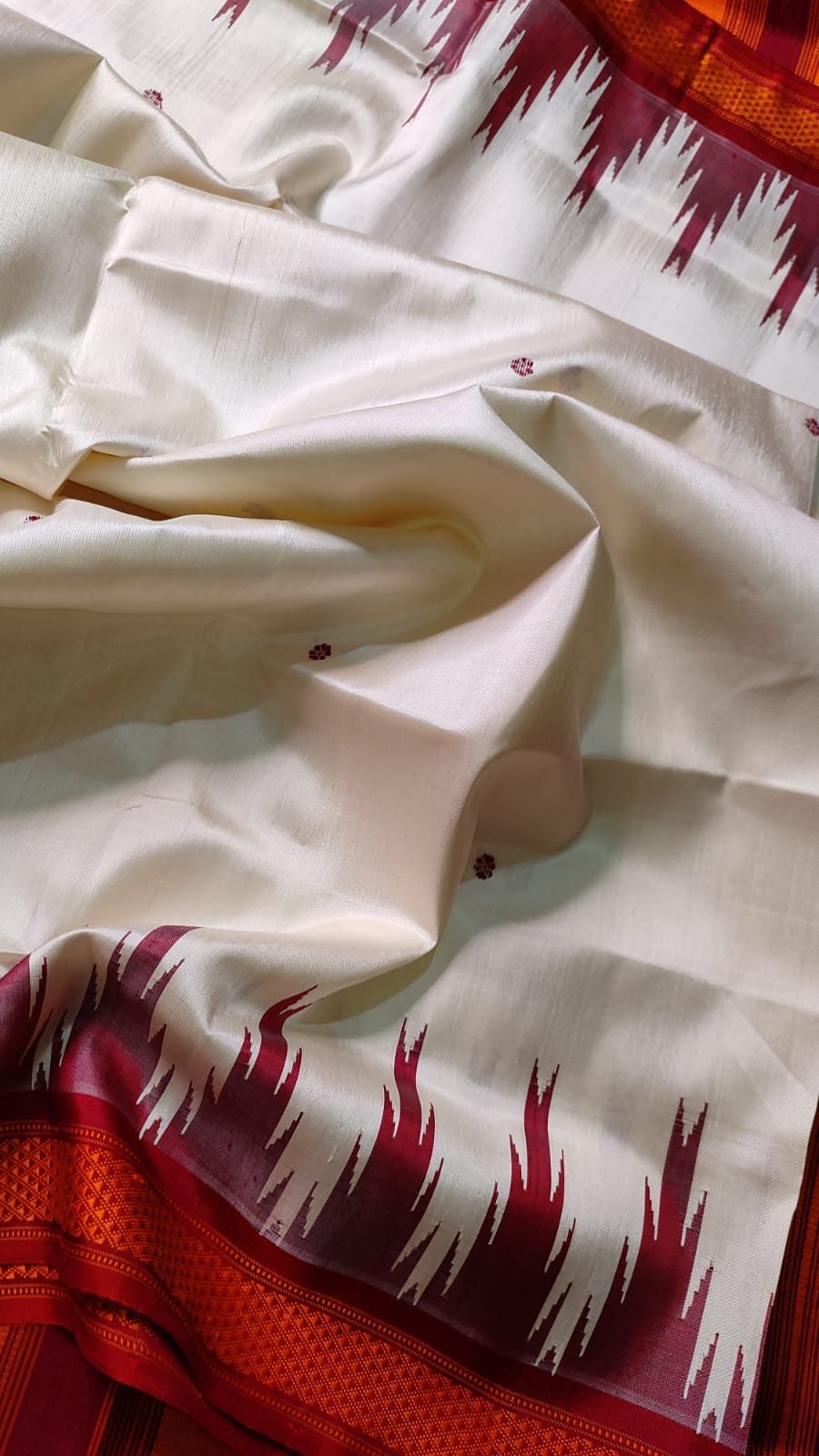 Ivory & Deep Orange Berhampuri Double Pallu Silk Saree