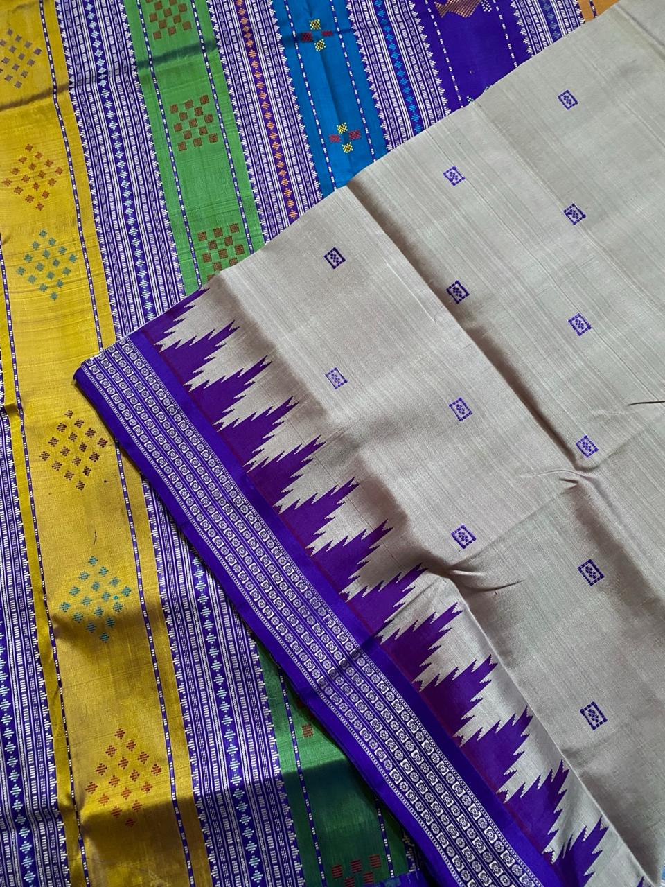 Dual-Tone Grey & Blue Berhampuri Silk Saree With Contrast Blouse Piece