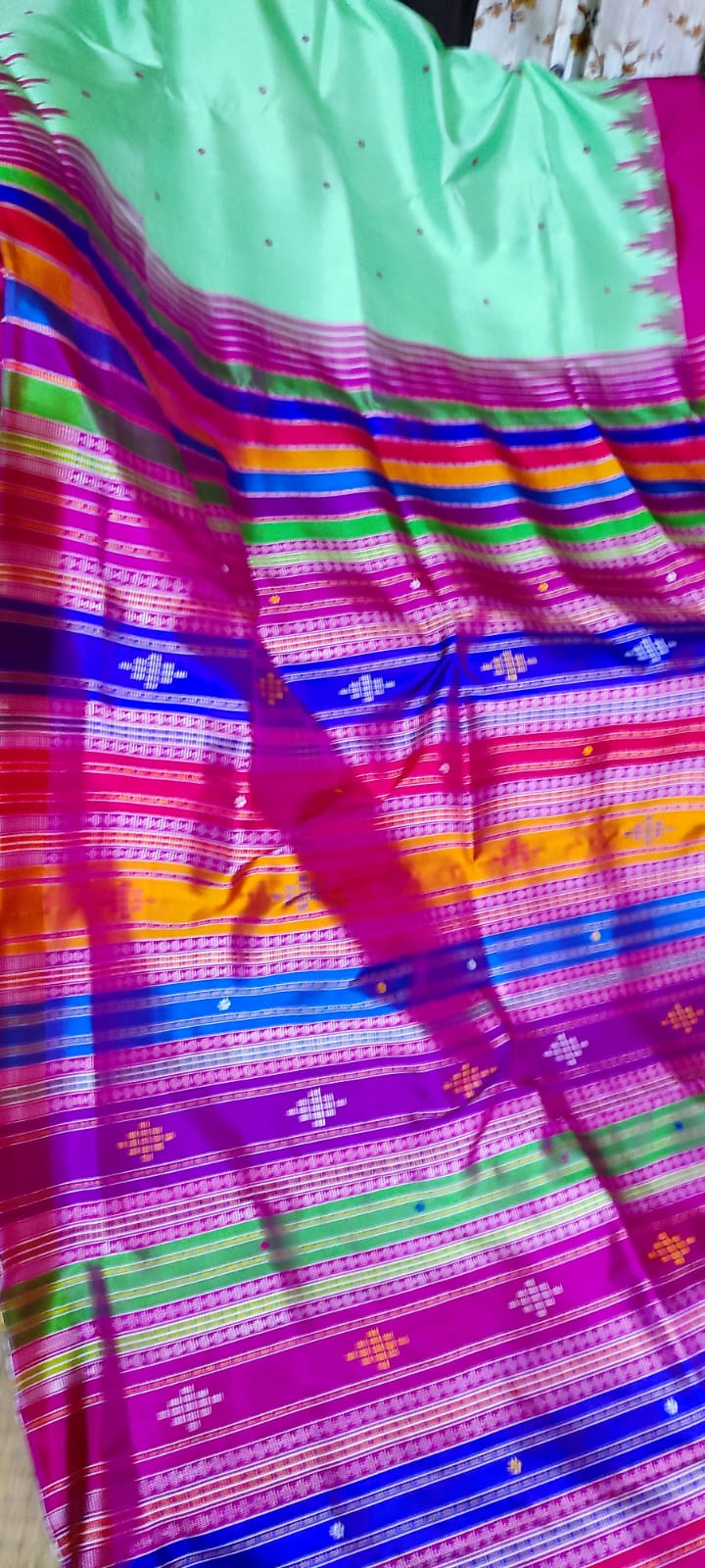 Pastel Green With Vibrant Magenta Berhampuri Double Pallu Silk Saree