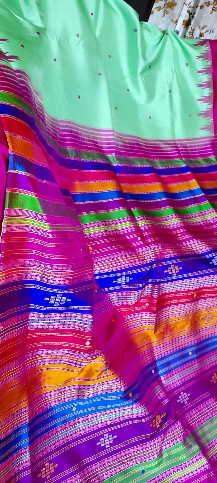 Pastel Green With Vibrant Magenta Berhampuri Double Pallu Silk Saree