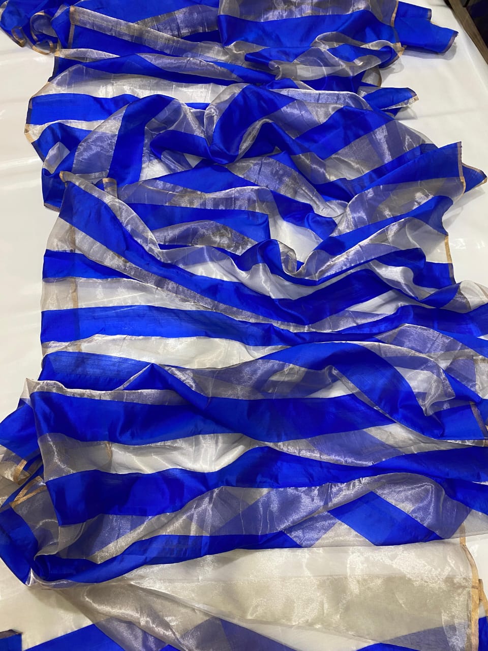 Royal Blue Silver Striped Chanderi Tissue Saree