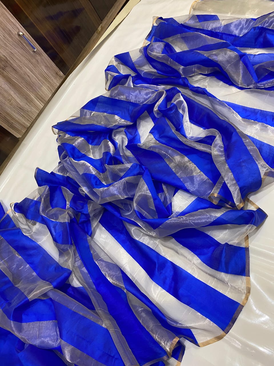 Royal Blue Silver Striped Chanderi Tissue Saree