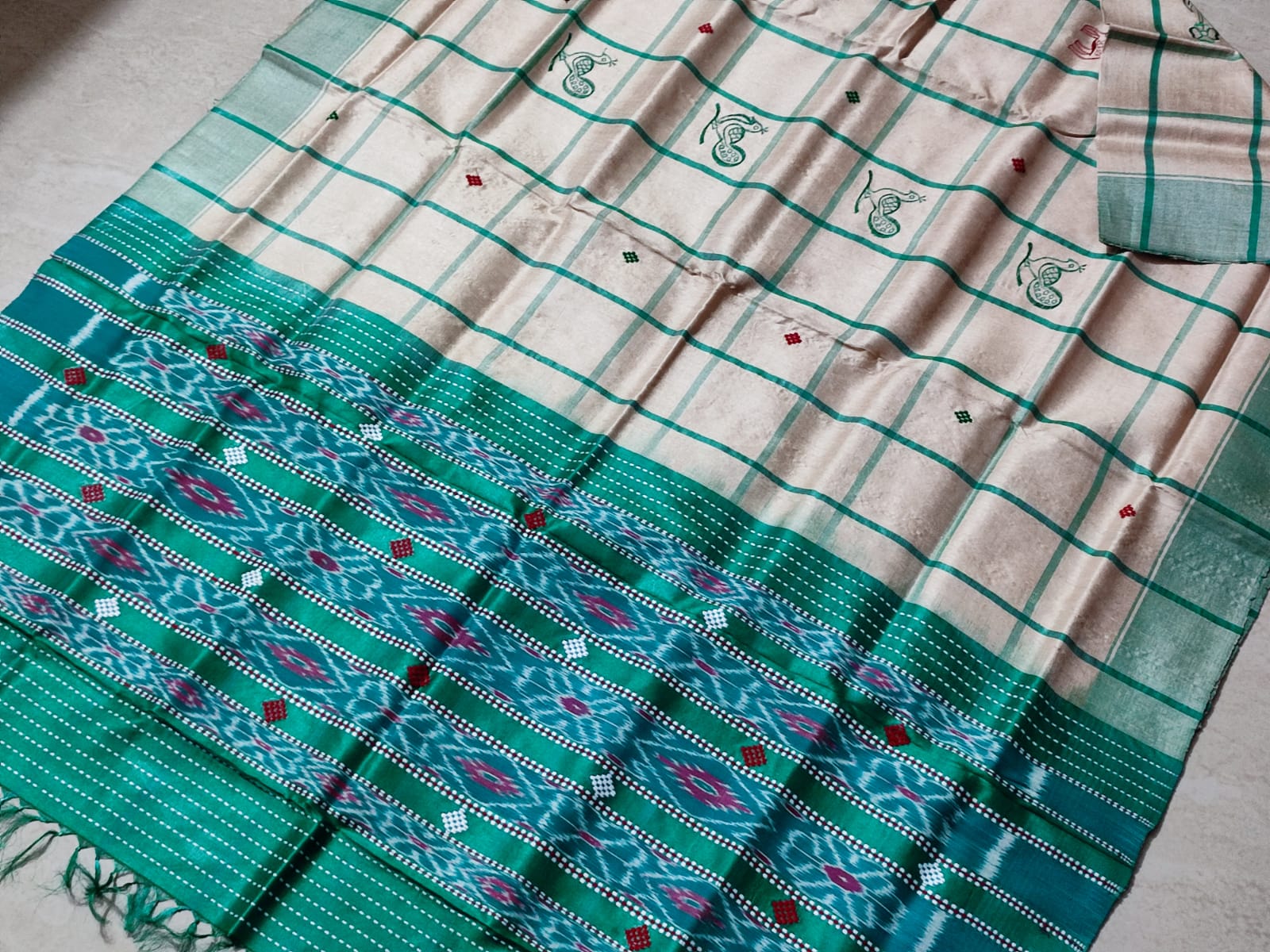 Handmade Santali Tribal Tussar Silk Saree with Check Body Contrast