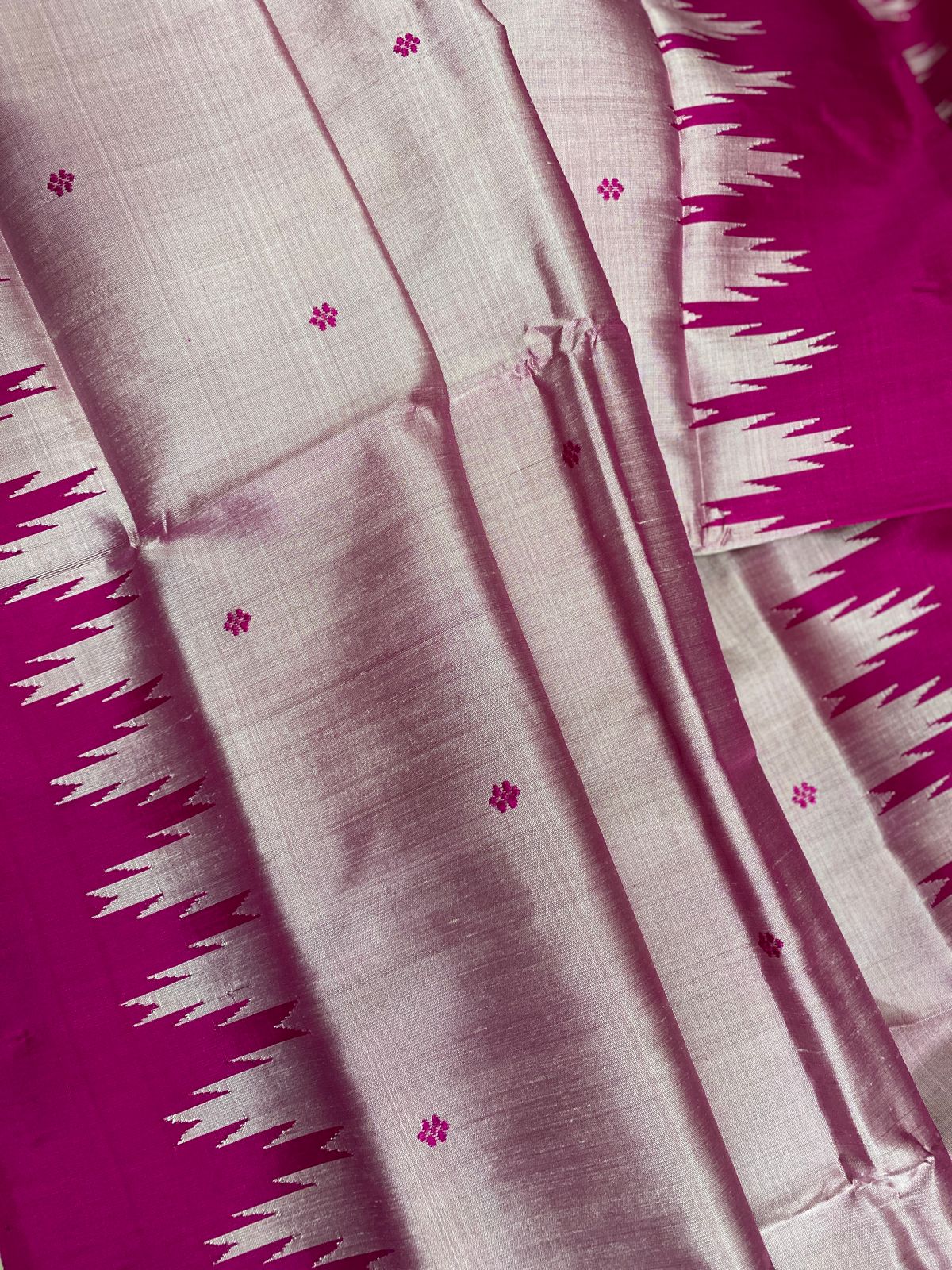 Gorgeous Baby Pink Dual Tone Berhampuri Silk Saree With Rani Pink Border