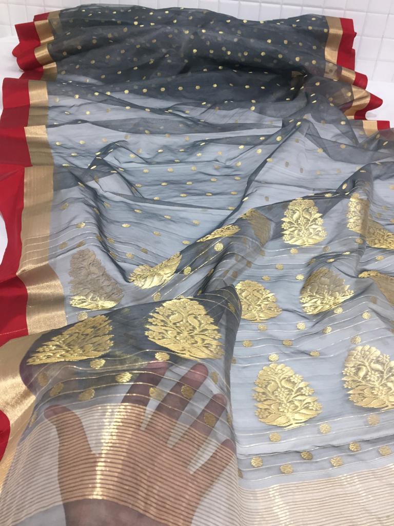 Chanderi Handloom Handwoven Katan Organza Silk Saree
