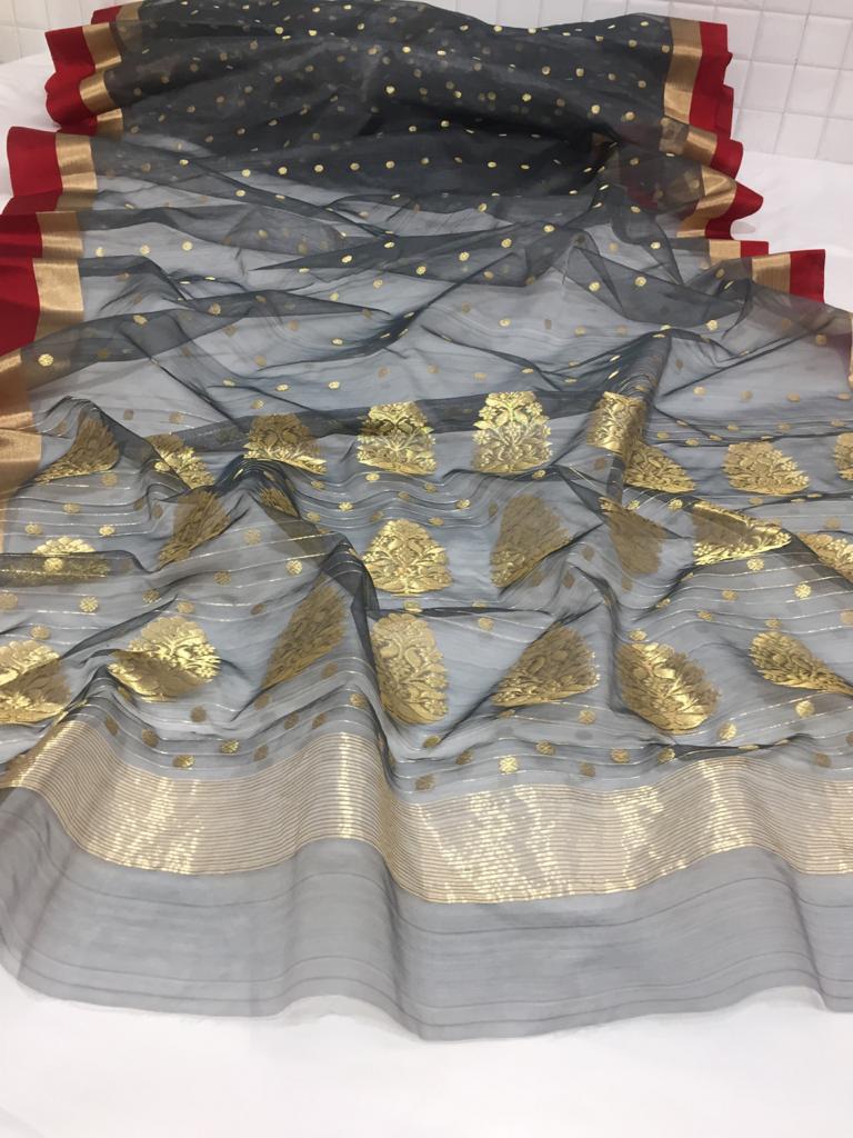 Chanderi Handloom Handwoven Katan Organza Silk Saree