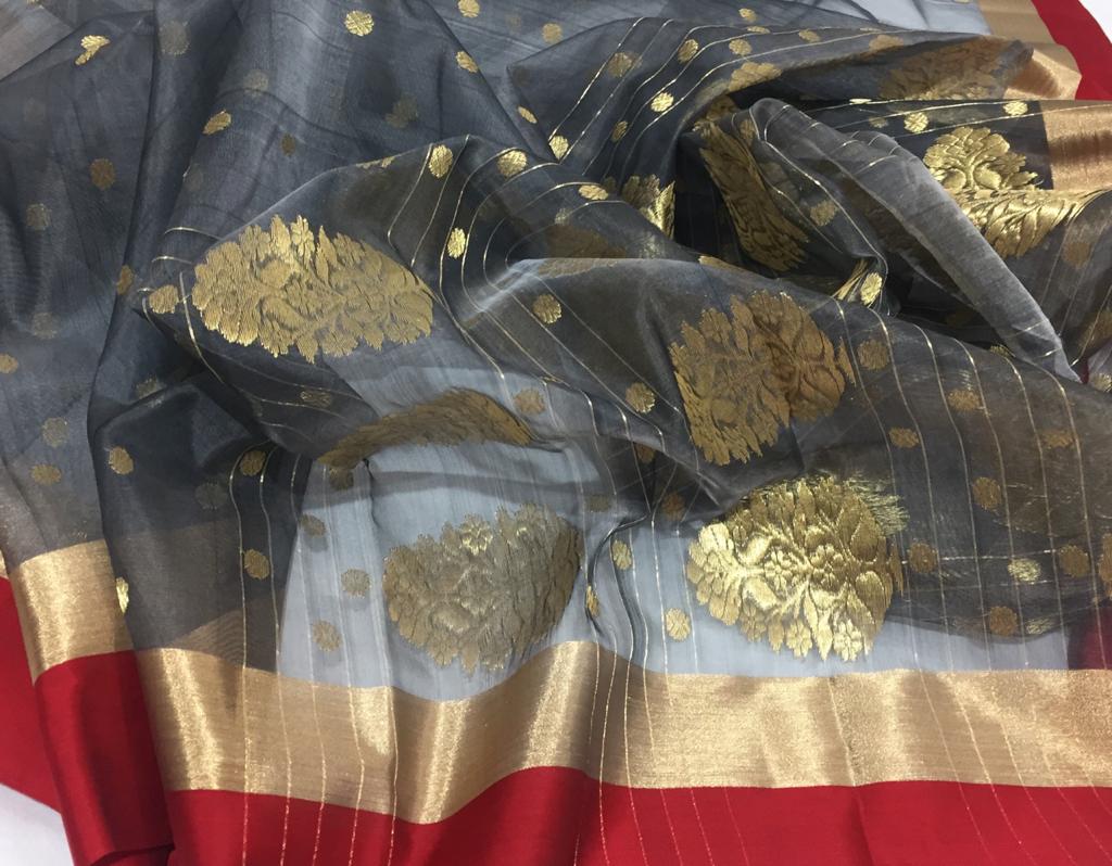 Chanderi Handloom Handwoven Katan Organza Silk Saree