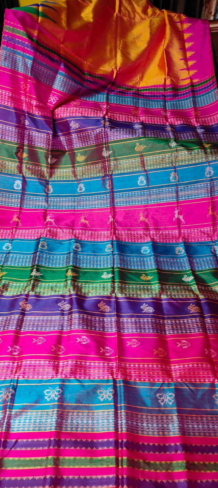 Beautiful Color Combination of Authentic Berhampuri Silk Handloom Saree With Contrast Blouse Piece