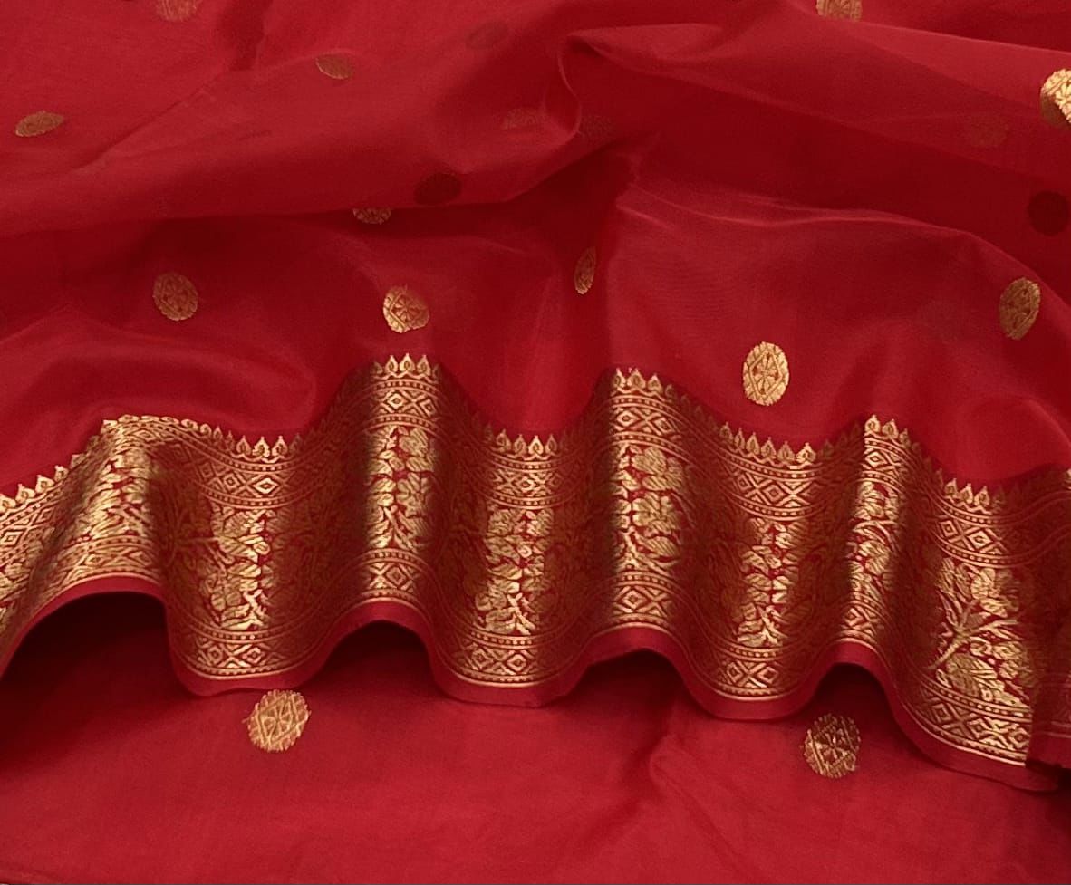 Handloom Red Katan Silk Organza Saree | Authentic Gold Zari Work