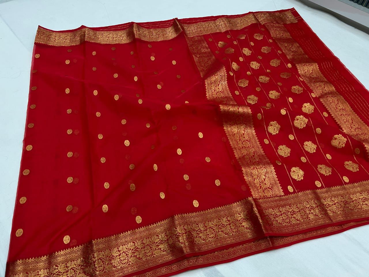 Handloom Red Katan Silk Organza Saree | Authentic Gold Zari Work