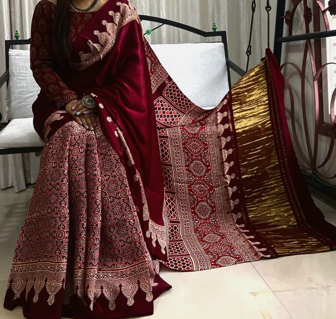 Pure Modal Silk Saree with Tissue Pallu – Ajrakh Handblock Print