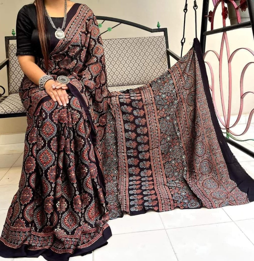 Black Ajrakh Handblock Print Pure Modal Silk Saree