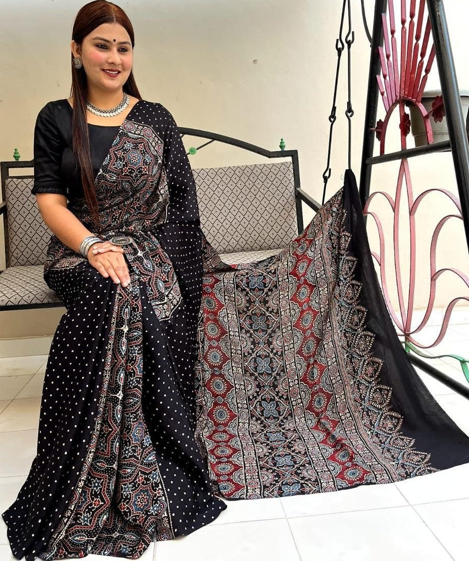 Pure Modal Silk Ajrakh Saree - Handloom Heritage with Natural Vegetable Dyes