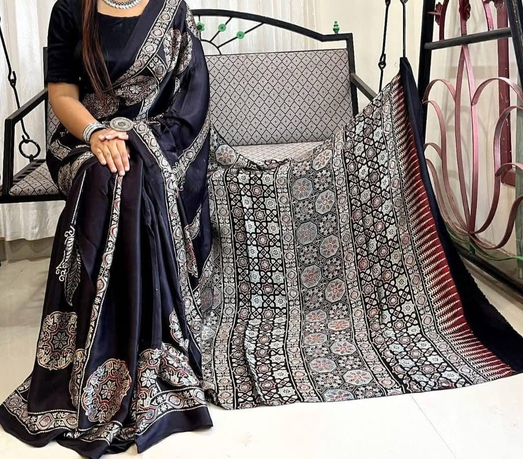 Black Ajrakh Handblock Print Pure Modal Silk Saree