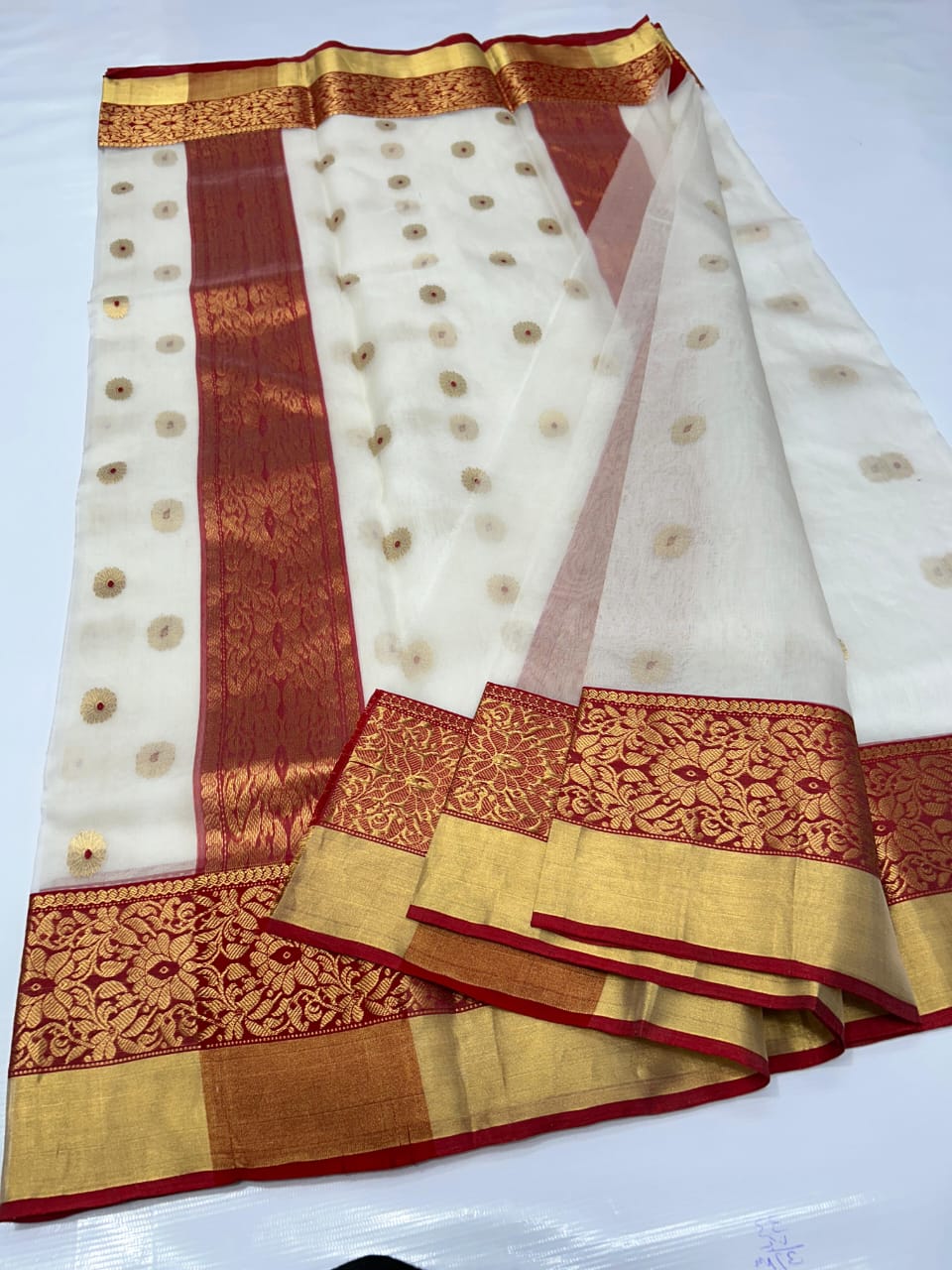 Katan Organza Chanderi Silk Saree with Meenakari & Golden Patela Border