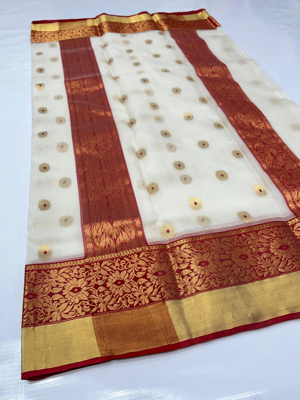 Katan Organza Chanderi Silk Saree with Meenakari & Golden Patela Border