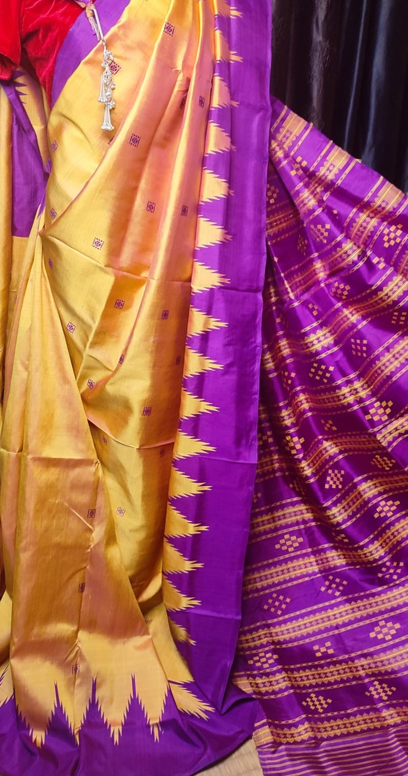 Unique Golden Mustard Authentic Berhampuri Double Pallu Silk Saree