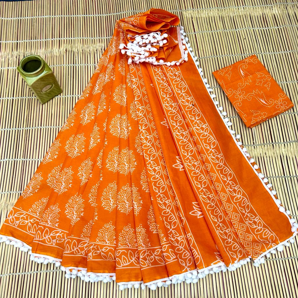 Pure Malmal Cotton Saree with Pompom Lace