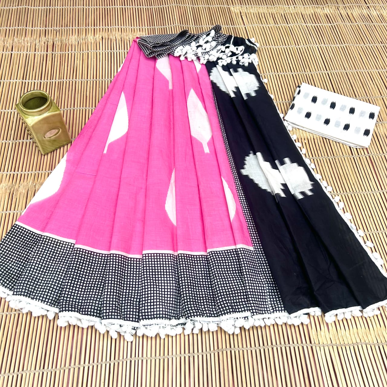 Pink Color Pure Cotton Mulmul Saree with Pompom Lace