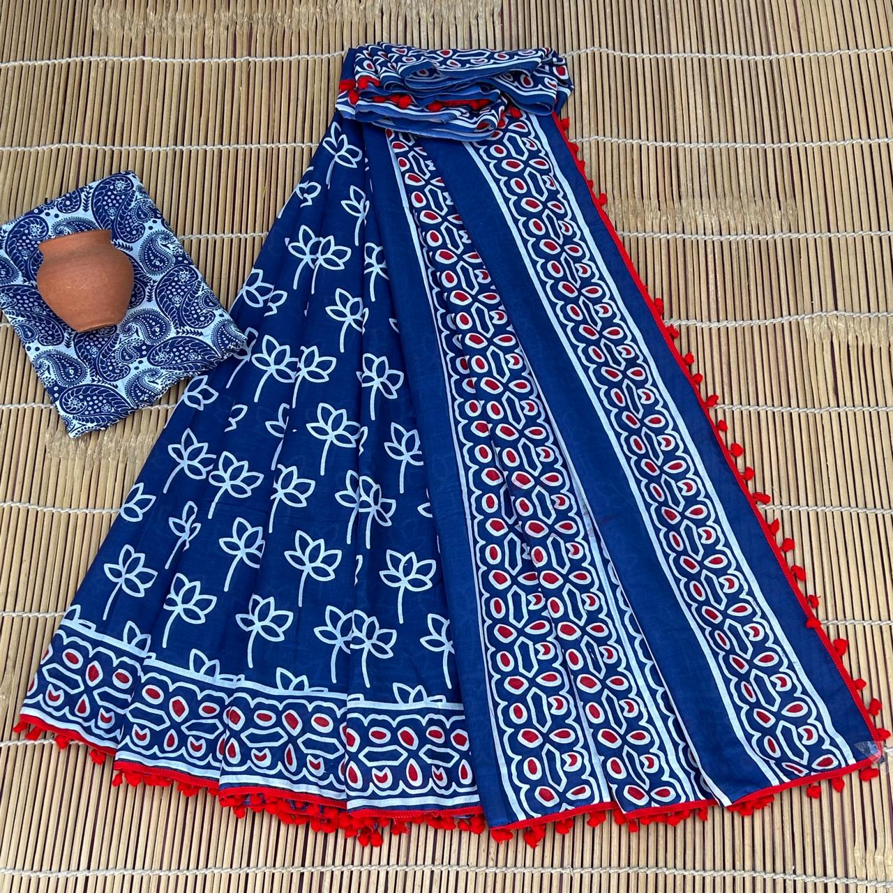 Indigo Color Pure Cotton Mulmul Saree with Pompom Lace