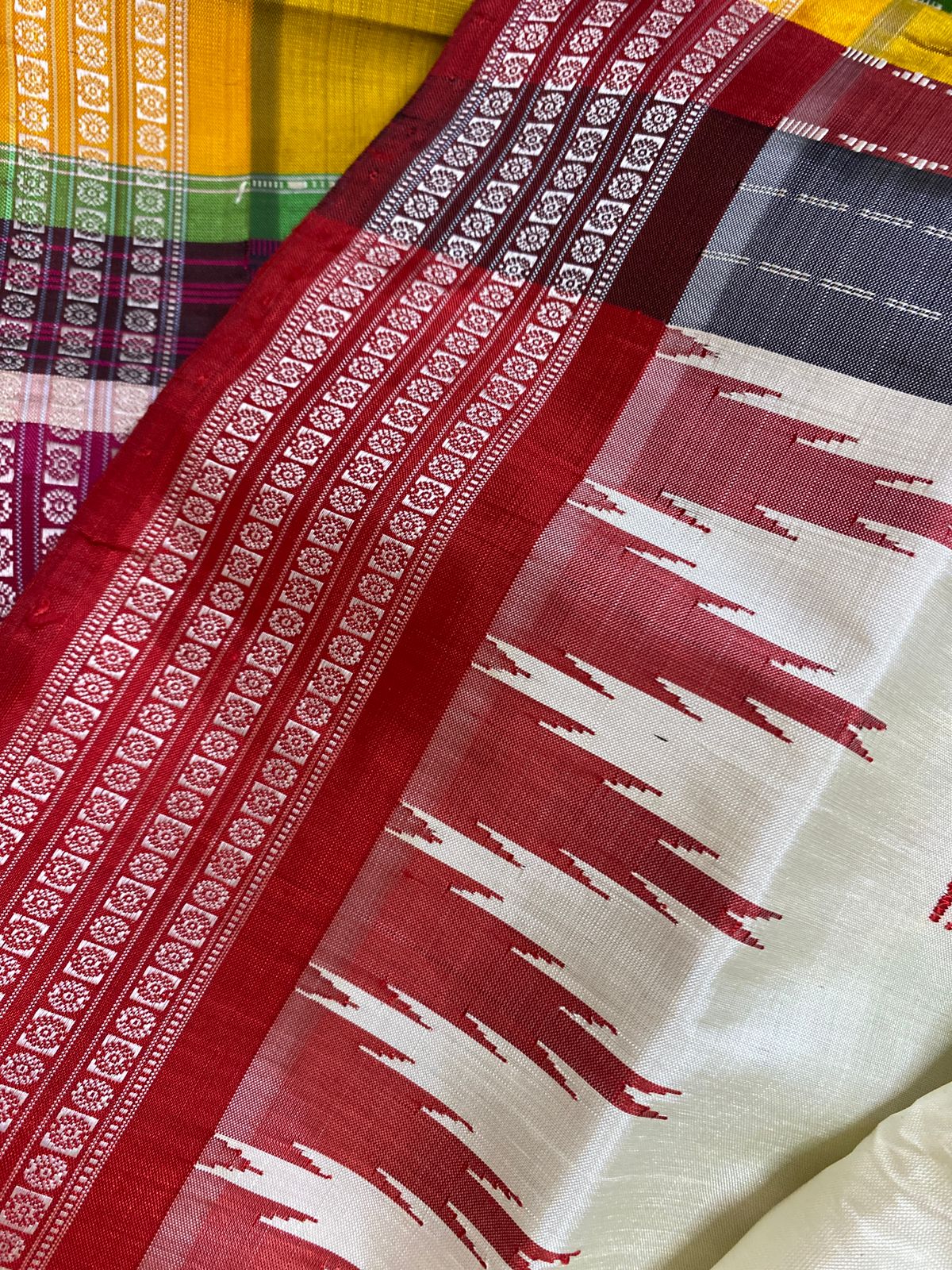 Milky White Ganga Jamuna Border Berhampuri Double Aanchal Saree