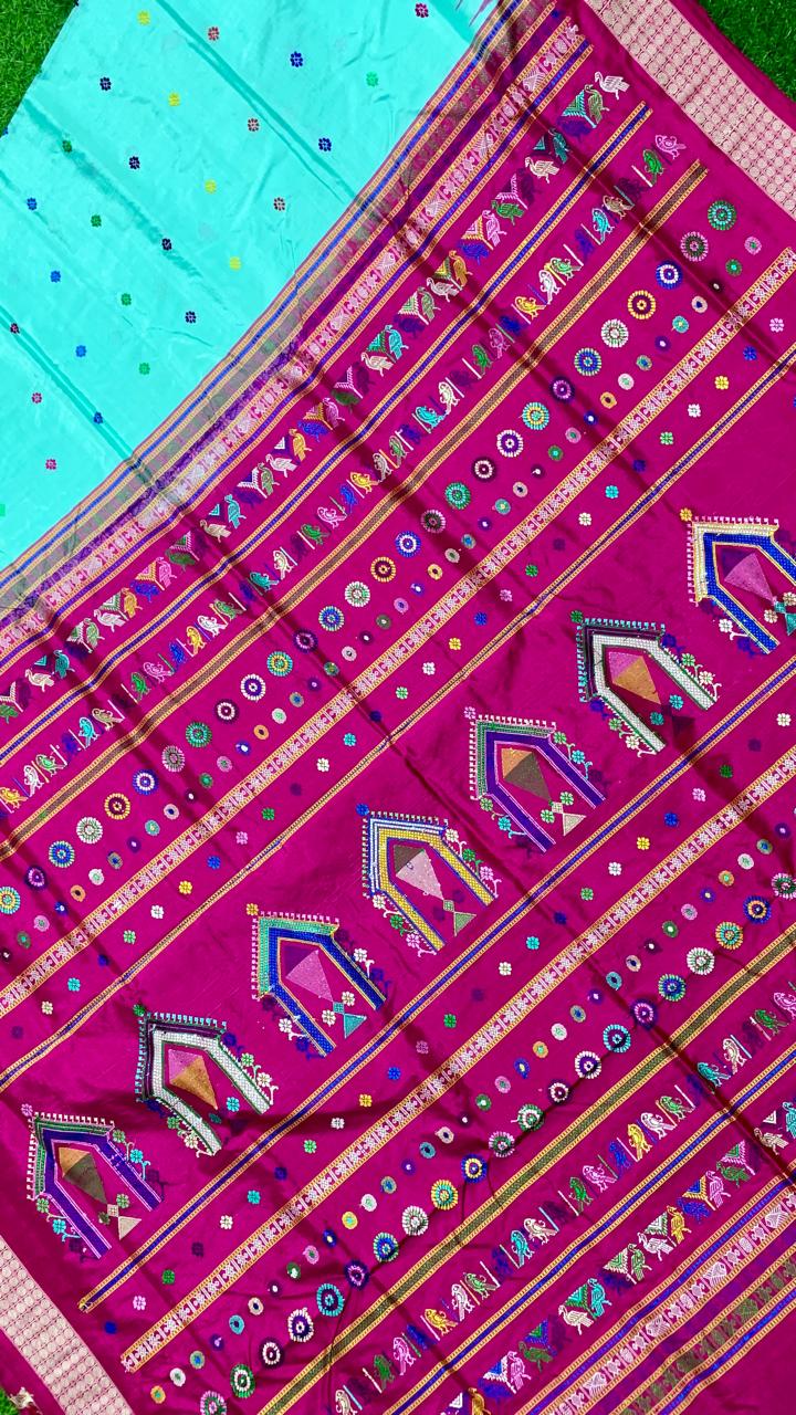 Aqua Blue Pure Silk Dolabedi Authentic Handloom Saree