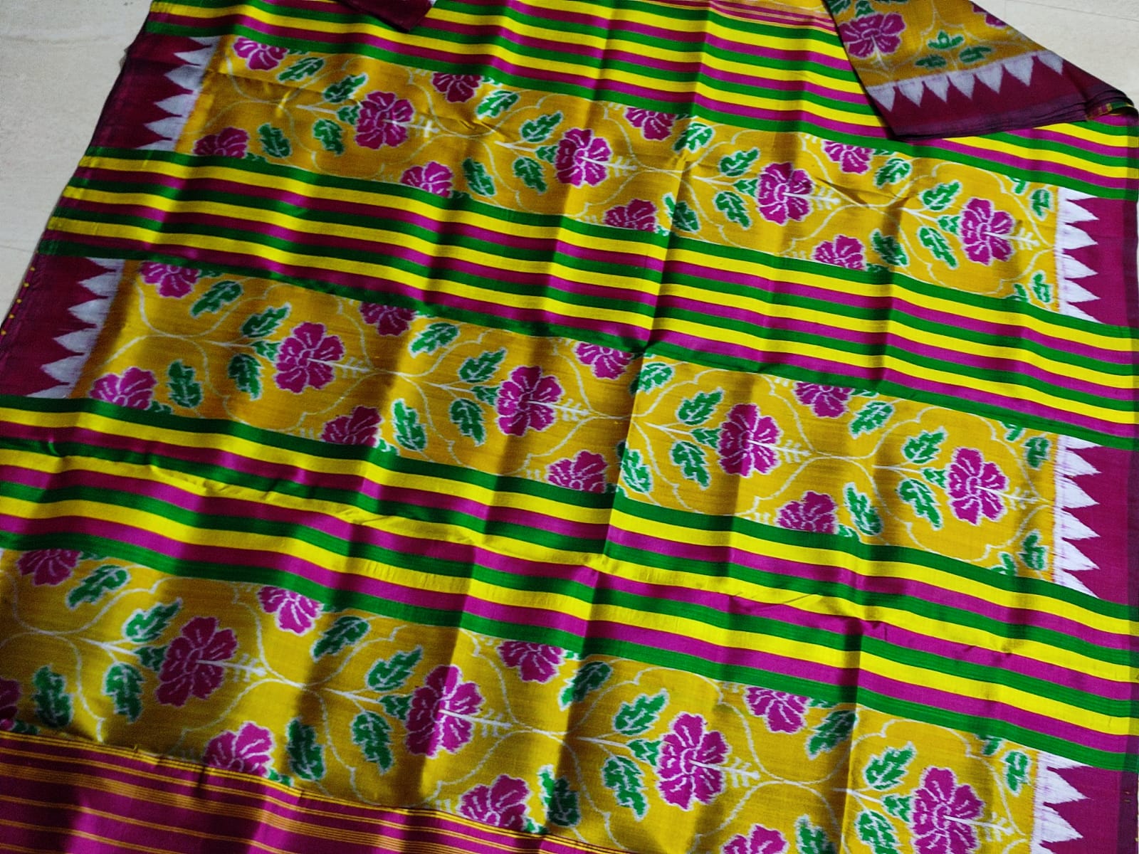 Sambalpuri Handloom Double Ikat Mulberry Silk Saree | Pink Hibiscus Design