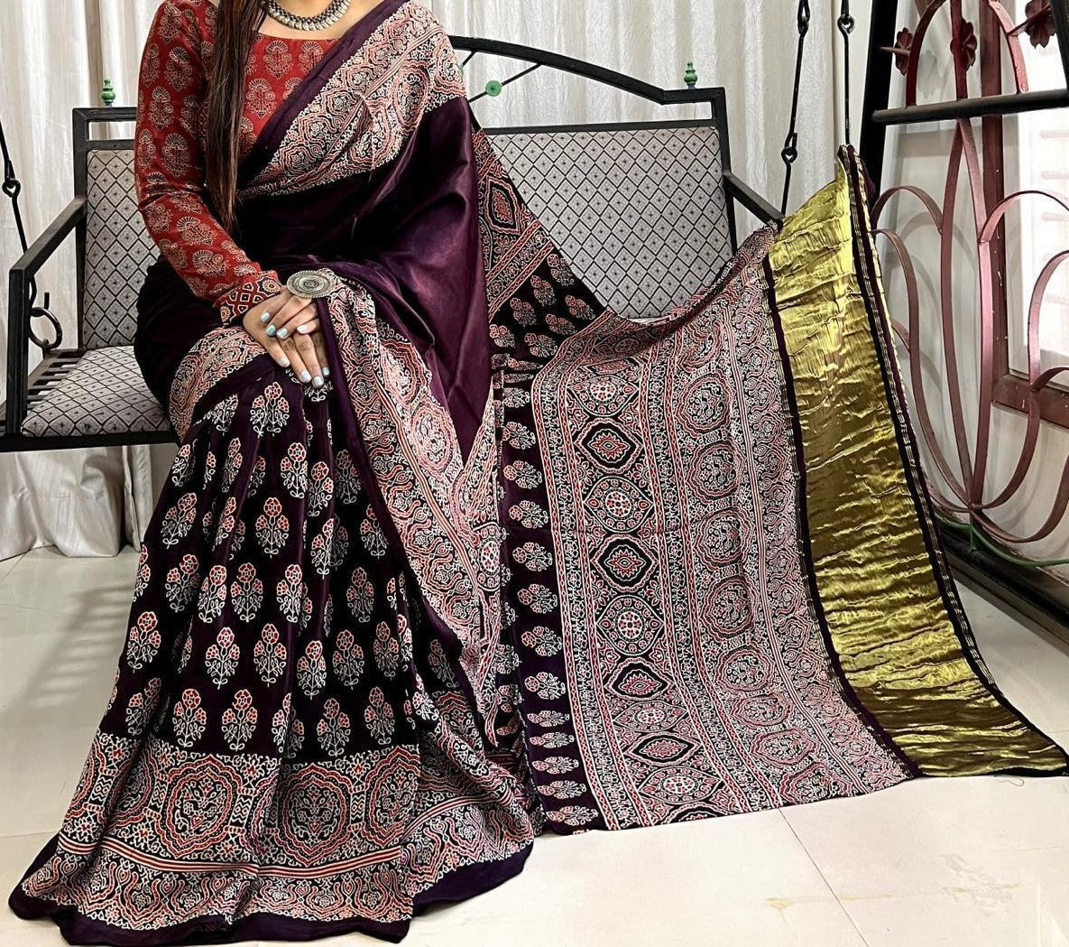 Coffee Color Pure Modal Silk Ajrakh Handblock Print Tissue Pallu Saree
