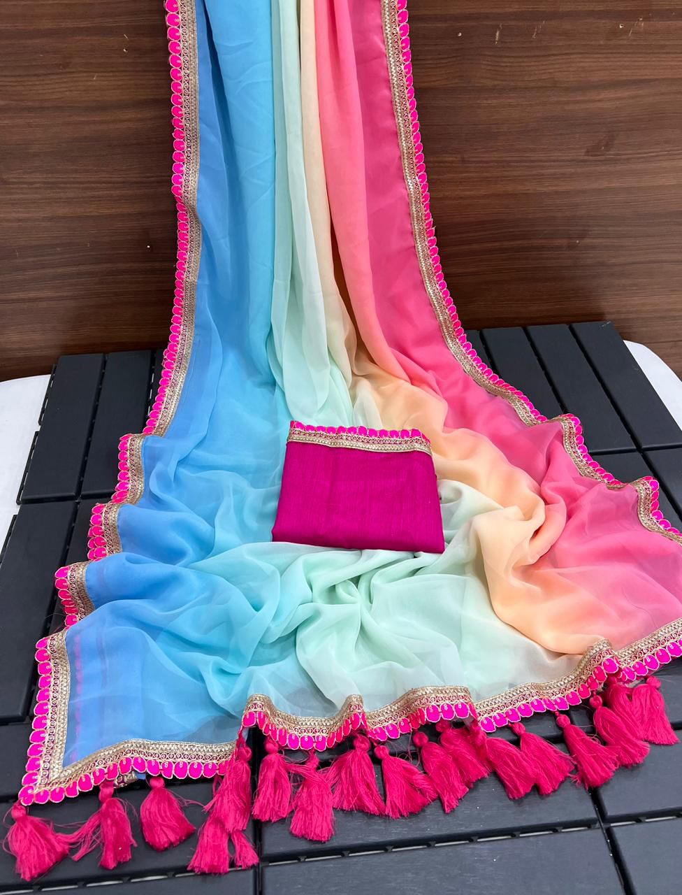 Sky Blue Ombre Georgette Party Wear Saree