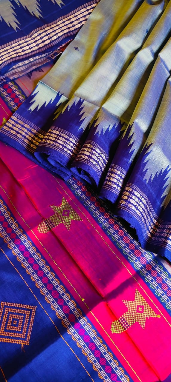 Super Gorgeous & Authentic Berhampuri Double Pallu Silk Saree with Heavy Thread Work Pallu and Contrast Blouse