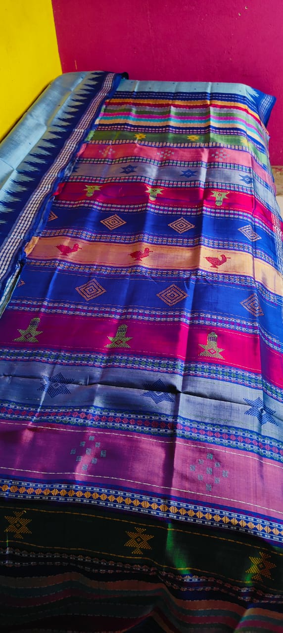 Super Gorgeous & Authentic Berhampuri Double Pallu Silk Saree with Heavy Thread Work Pallu and Contrast Blouse