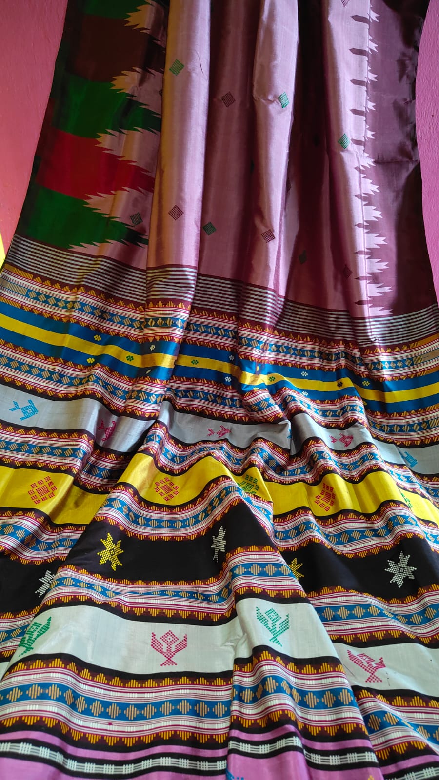 Authentic Berhampuri Silk Double Pallu Multicolour Phoda Kumbha Border Saree