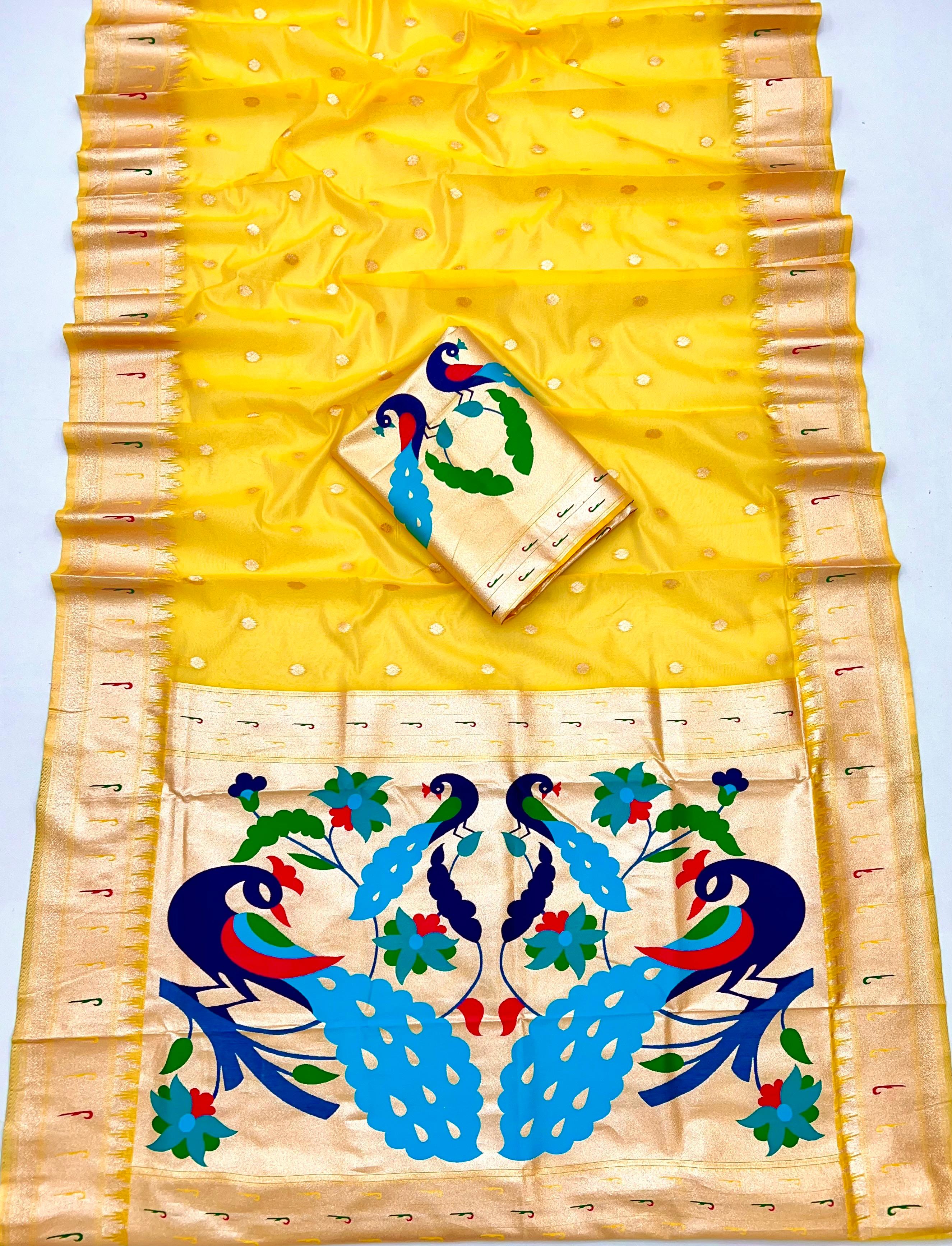 Vibrant Gold Yellow Paithani-Inspired Organza Tissue Saree with Brocade Blouse