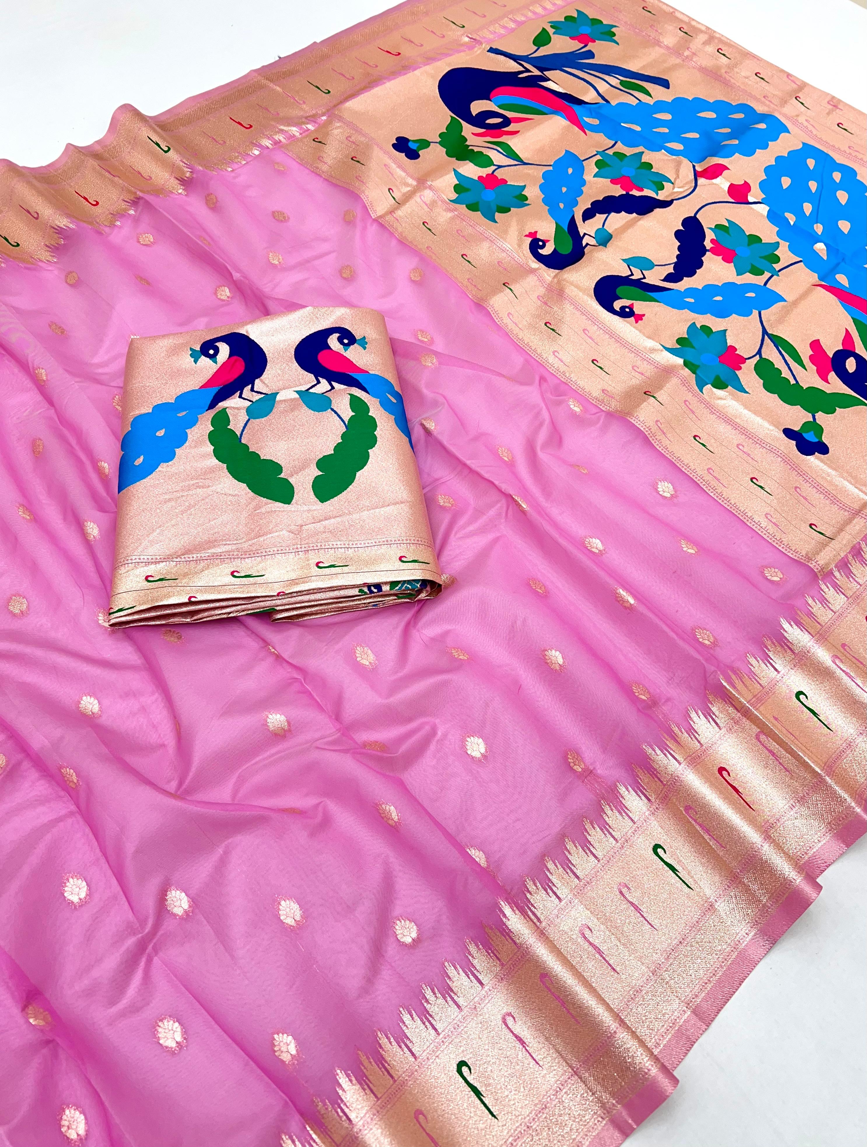 Baby Pink Paithani-Inspired Organza Tissue Saree with Brocade Blouse