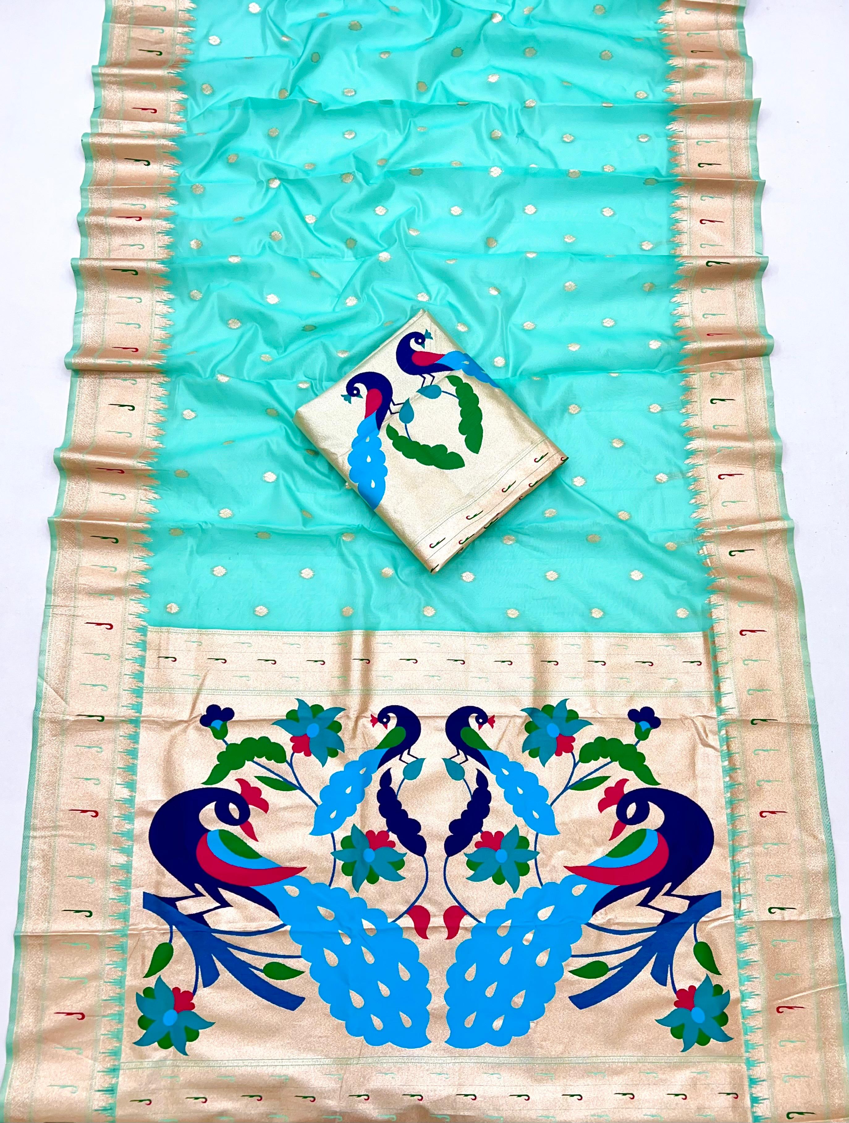 Aqua Blue Paithani-Inspired Organza Tissue Saree with Brocade Blouse
