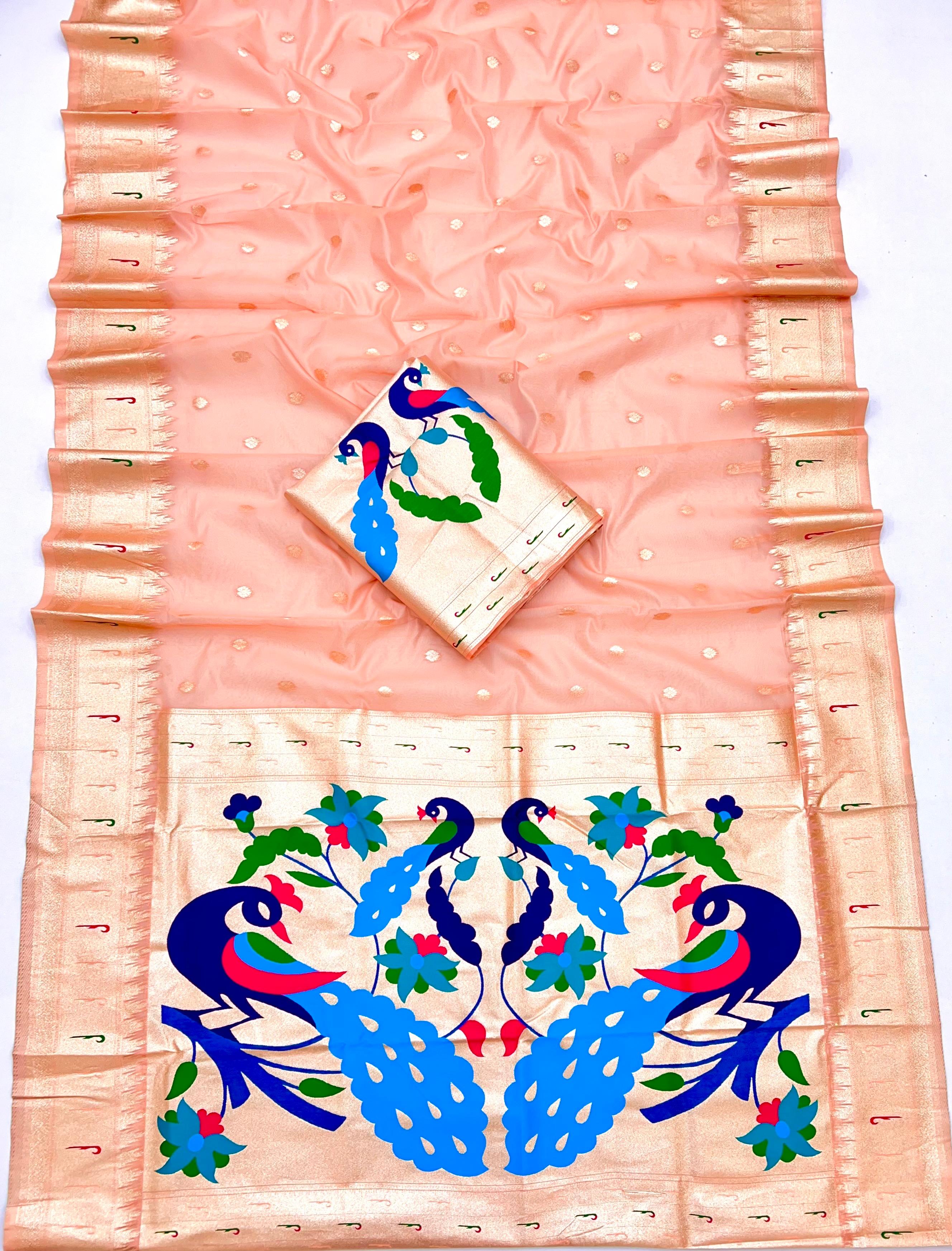 Peach Color Paithani-Inspired Organza Tissue Saree with Brocade Blouse