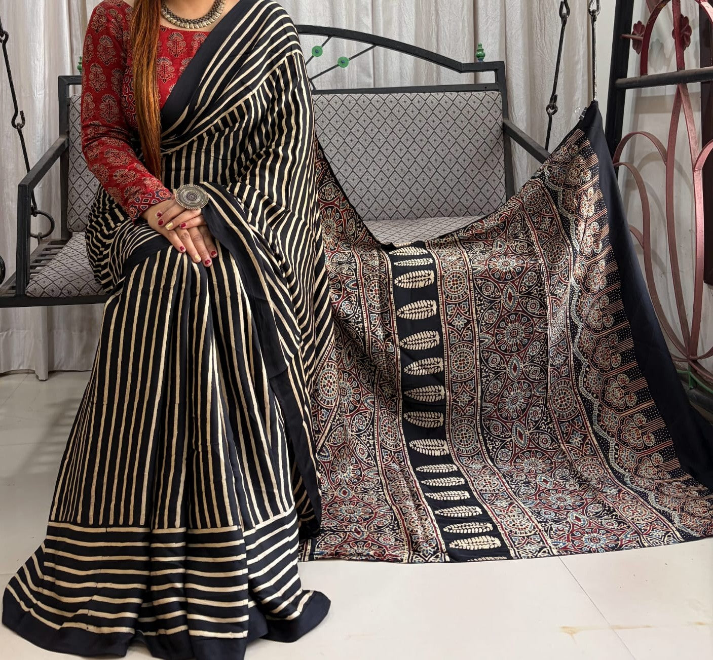 Ajrakh Handblock Stripe Modal Silk Saree – Natural Vegetable Dyed