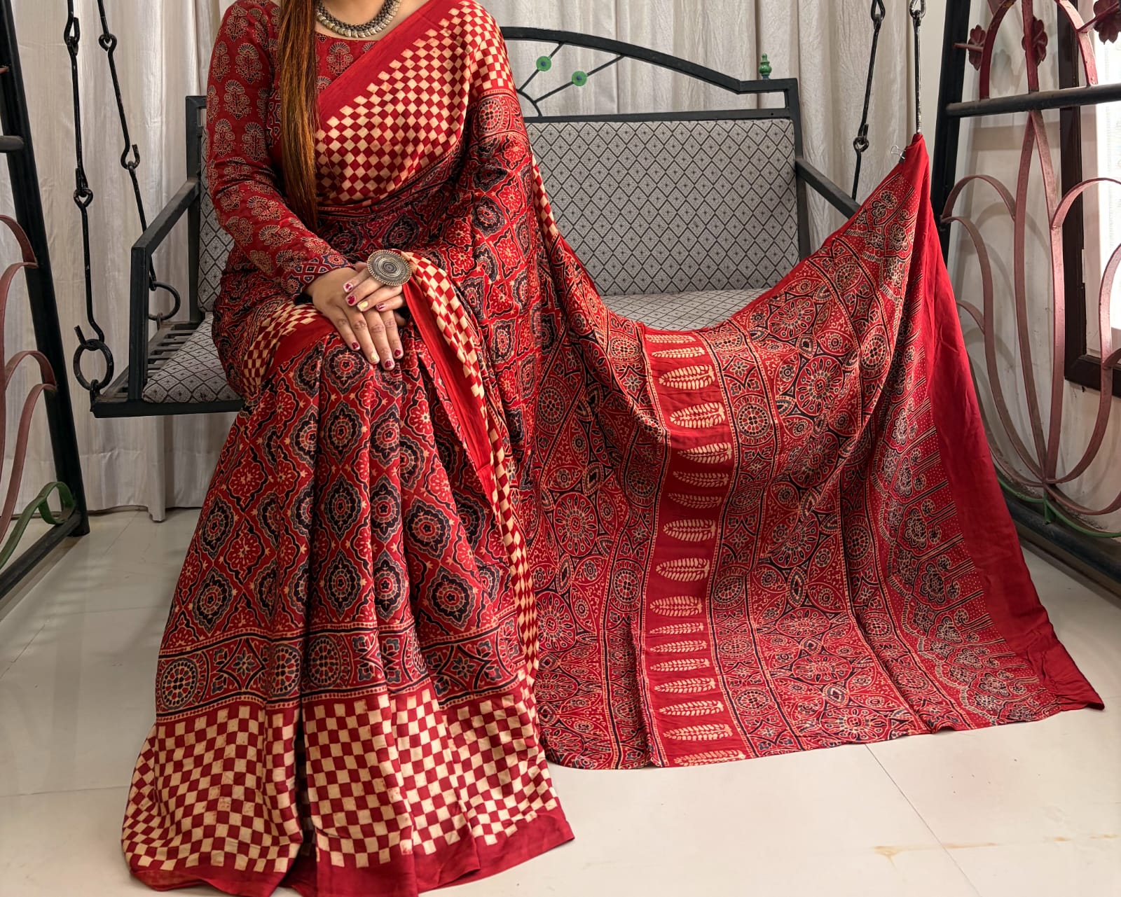 Unique Red Ajrakh Handblock Modal Silk Saree