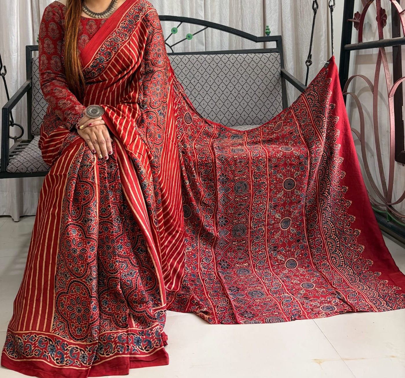 Authentic Red Ajrakh Handblock Printed Pure Modal Silk Saree