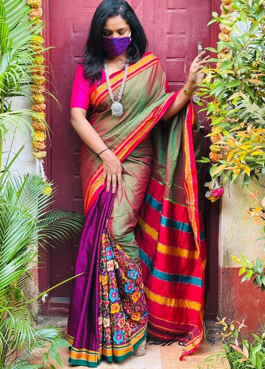 Olive Green & Magenta Wedding Special Resham Khun Saree With Contrast Blouse Piece