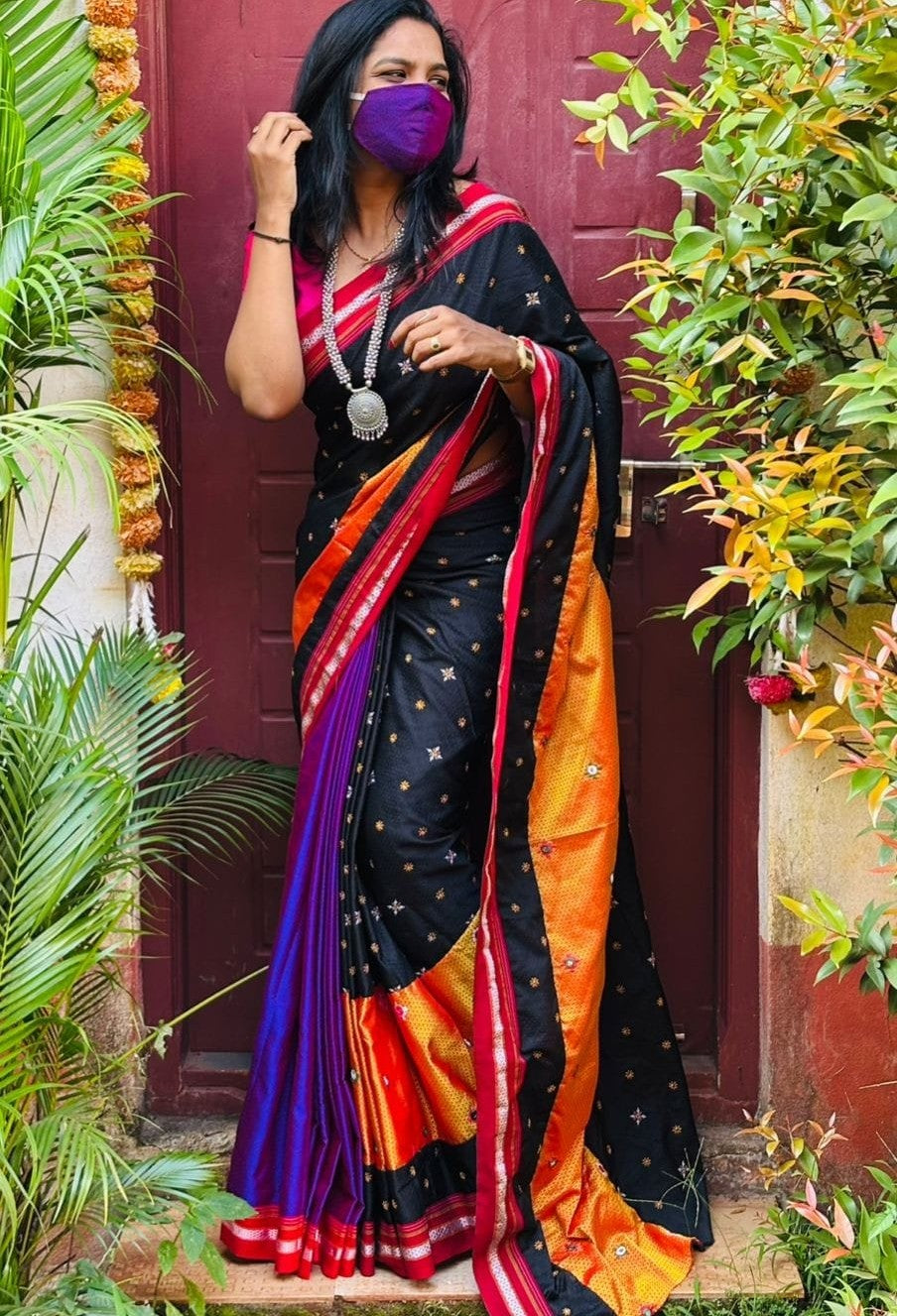 Exclusive Black Color Resham Khun Embroidery Saree