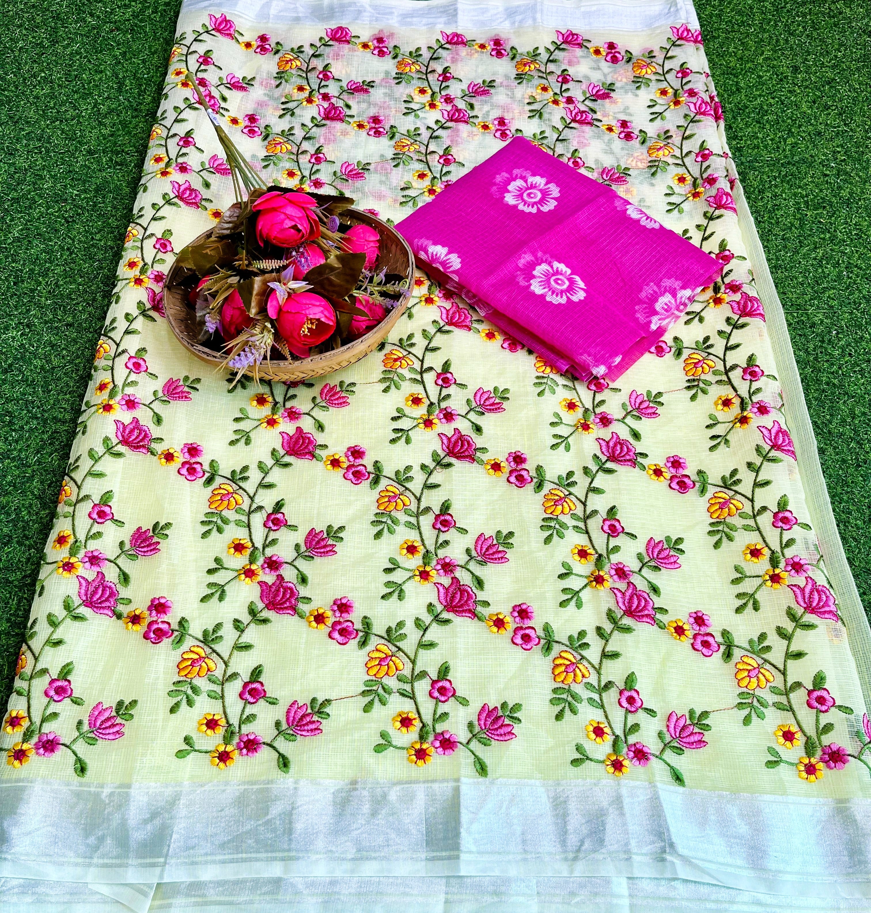 Kota Doria Hand Embroidery Work Saree With Contrast Handpainted Blouse Piece